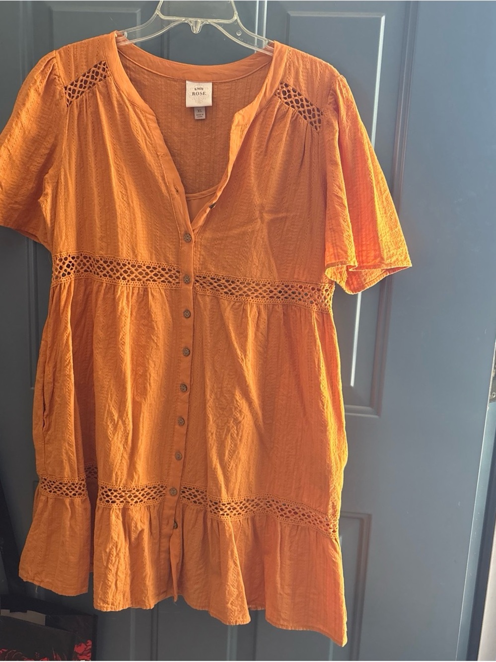 Terra & Sky Orange Button-Front Crochet Trim Dress